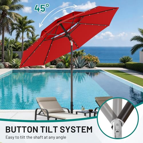Image of AreShark 9ft 2 Tiers Patio Umbrella with Solar Lights, Outdoor Umbrella w / 32 LED Lights&8 Sturdy Ribs, Table Umbrella for Deck, Backyard, Pool(Red)