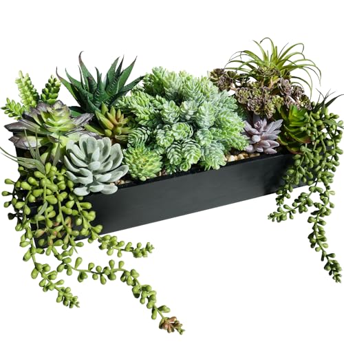 Winlyn 15' Artificial Succulent Arrangement Faux Succulents in Rustic Black Rectangular Wooden Planter Faux Potted Plants for Party Table Centerpiece Mantel Shelf Windowsill Tabletop Greenery Decor