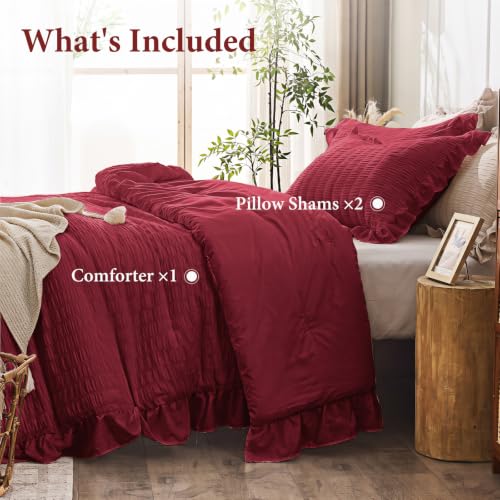 Image of JOLLYVOGUE Burgundy Oversized Queen Comforter Set,3pcs Seersucker Bed Set | OEKO-TEX Certified, All Season, Down Alternative Fill, Lightweight Bedding Set with Ruffle Comforter & Pillowshams, Easy Care