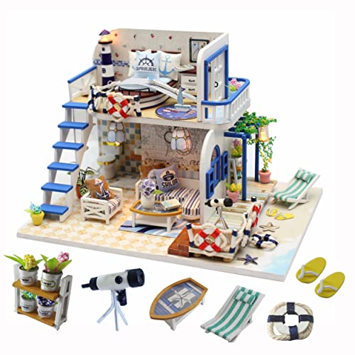 Flever Dollhouse Miniature DIY Music House Kit Creative Room with Furniture for Romantic Valentine's Gift (Pale Blue Coast)