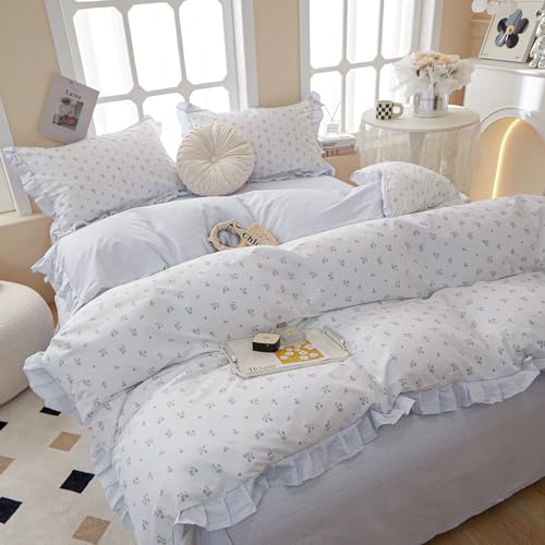 AMZTOP Chic Blue Ruffle Floral 100% Cotton Duvet Cover Queen Size Set, 3Pcs Teen Girls Flower Comforter Cover with Zipper Closure, Princess Bedding Sets 90