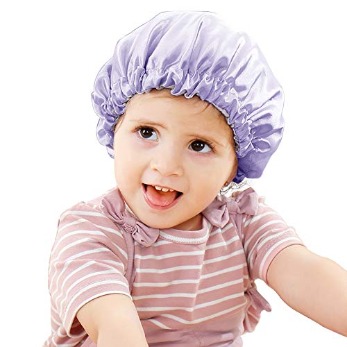 Greatremy Kids Satin Bonnets Sleep Cap,Double-Layer Satin Natural Hair Bonnets Soft Elastic with Adjustable Drawstring for Baby Girl/Boy/Infant/Toddler/Child Sleeping (Reversible Purple/Silver Gray)