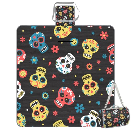 Shimoshe Picnic Blankets 57”x 59”, Flower Sugar Skulls Waterproof Sandproof Picnic Mat Lightweight Foldable Beach Blanket for Camping Park Grass Beach Outdoor Blanket