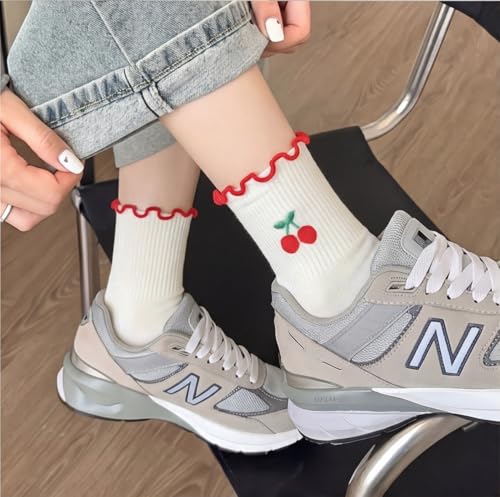 Image of Women's Cute Crew Socks, Casual Athletic Cotton Bowknot Cherry Calf Novelty Socks for Women