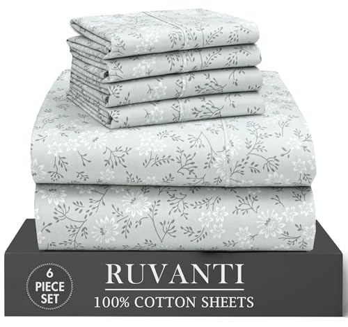 RUVANTI 6 Pcs Cotton Sheets - 100% Natural Cotton Soft, Lightweight & Breathable Crispy Percale Bed Sheets, Queen Sheet Set 16" Deep Pockets, Everbloom Studio