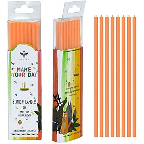 DEYBBY Pure Beeswax Candles-Tall, Thin, Dripless, Non-Toxic, Natural Scent- 16 Birthday Deocrative Taper Candles for Party, Anniversary, Decoration (Bright Orange) Cover