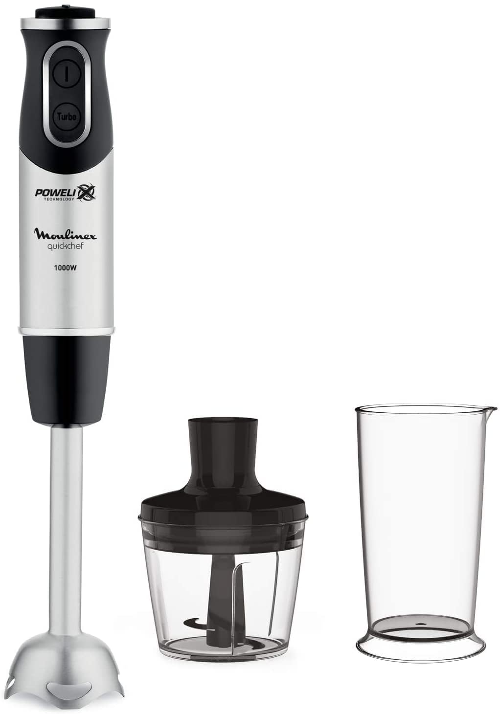 Moulinex QuickChef DD6578 Mélangeur manuel 1000 W avec régulateur de vitesse turbo avec 2 accessoires de découpe, hachoir et tasse à mesurer, dôme anti-éclaboussures, acier
