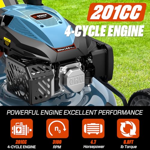 Image of SENIX 22 inch 201cc Variable Speed Rear Wheel Self Propelled Gas Lawn Mower | 4-Cycle OHV Engine, 3-in-1 Mower with Bagging, Mulching & Side Discharge, 6-Positions Adjustable Height