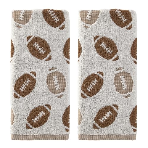 SKL Home Fall/Autumn Football Jacqaurd 100% Cotton 2pc Hand Towel Set for Bath/Kitchen/Bar & Gift Tan