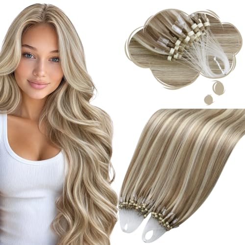 Moresoo Micro Bead Hair Extensions Human Hair, Light Brown Platinum Blonde