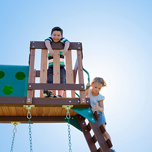 Backyard Discovery Woodridge Elite All Cedar Wood Swing Set, Upper And Lower Deck, Sandbox, Vented Tunnel, Rock Climbing Wall, Coated Rope Belted Swings, Acrobat Bar, Bench Seating, 10 Ft Slide #TOP7