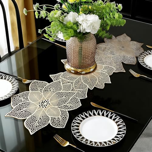 FAVE Gold Table Runner 36 Inches Flower Shaped Dining Table Runner Waterproof Washable for Wedding Banquet Birthday Party Restaurant Decor and Daily Ues(Gold Flower Shaped)