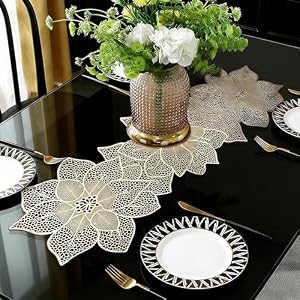 FAVE Gold Table Runners 36 Inches Heat Resistant Table Runner Flower Shaped Vinyl Table Runner Waterproof Washable Table Mats for Wedding, Banquet, Birthday, Party, Restaurant(Gold Flower Shaped)