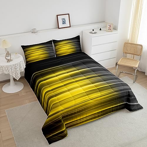 Image of Feelyou Yellow and Grey Comforter Set Full, Geometric Abstract Ombre Bedding Set for Kids Gradient Yellow Lines Comforter Abstract Ombre Duvet Set with 2 Pillow Case
