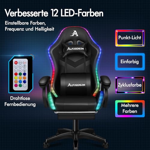 ALFORDSON Gaming Stuhl Gamer Stühle RGB LED Racing Gamer-Stuhl PC-Gaming-Sessel Massage Bürostuhl ergonomisch Fußstützen, Schreibtischstuhl, Neigungswinkel 90-150°,180 kg belastbar, Schwarz