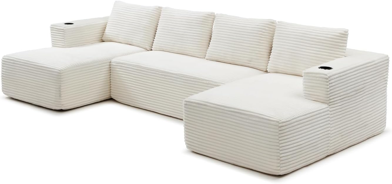 132" Modular Sectional Sleeper Sofa, Boneless Cloud Couch for Living Room, U Shaped 5 Seat Sofa with 2 Cup Holders, Free Combination, No Assembly Required (Beige)