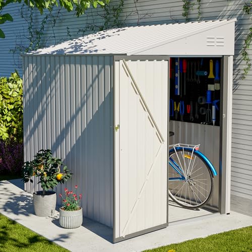 Image of YOPTO 4x7 FT Outdoor Storage Shed Lean to Shed,Metal Shed W /Lockable Door & Air Vent,All Weather Waterproof Garden Tool House W /Reversible Installation,for Backyard,Patio,Lawn,White