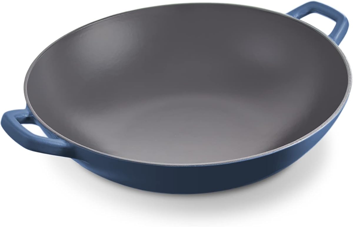 Zakarian By Dash 14” Nonstick Cast Iron Wok for Restaurant Quality Stir Fry, Seafood, Deep Frying, and Steaming - Blue