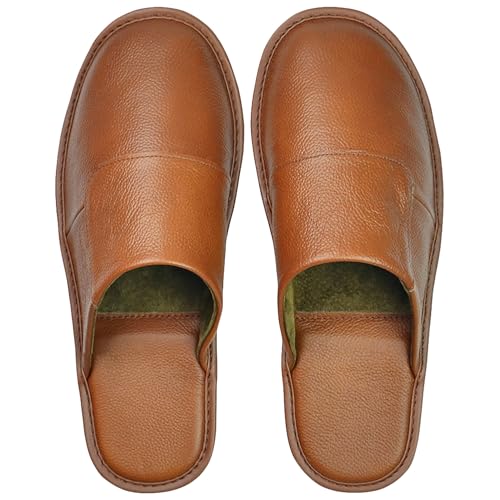 Image of Hwayslon Leather Slippers Men's Women's Leather Room Shoes Natural Cowhide Luxury Solid Color Unisex
