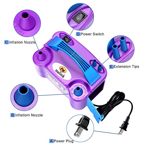 NuLink Balloon Pump Electric Portable Dual Nozzle Air Pump for Balloons Blower Pump Inflator for Decoration, Birthday Party [110V~120V, 600W, Purple] - Thumbnail 2