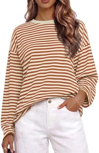 Cuptacc Langarmshirt Damen Gestreiftes Oversized Sweatshirt Herbst Casual | Rundhals Sweatshirts,Streifenshirt,Lockere Pullover,Lässiger Longsleeve,Loose Fit Oberteile,Streetwear S