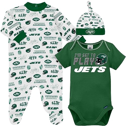 Image of Gerber NFL Baby Boys' 3-pack Bodysuit, Sleep 'n Play, & Cap Set, New York Jets, 0-3 Months