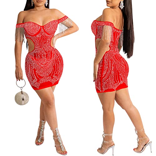 Porrcey Women's Sexy Hot Drilling Craft Dress Sleeveless Bodycon Party Club Night Out Dress(5645,Red,Xxl) #TOP2