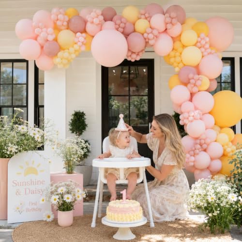 Image of Pink Yellow Balloon, Pastel Light Dusty Pink Yellow Balloon for Party Decor | 12 Inch Retro Orange Baby Pink Yellow Balloons for Lemon Birthday Oh Baby Shower Bridal Bee Themed Wedding Party Decorations