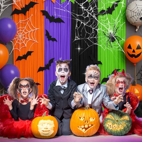 Image of 4 Packs Halloween Foil Fringe Curtain, Orange Black Purple and Green Metallic Tinsel Backdrop for Birthday, Baby Shower, Bachelorette, Halloween Party Decorations Favors Supplies Indoor Outdoor