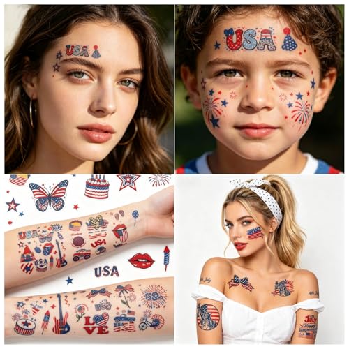 180PCS 4th of July Temporary Tattoos, Fourth of July America Flag Red White &Blue Face Patriotic Tattoo Stickers, 250th Anniversary Independence Day Party Decorations and USA Party — view 4