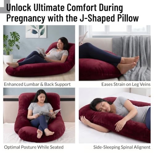 Image of Amazon Basics Full Body Pregnancy Pillow for Maternity,Baby Nursing,Full Body Support-Abdomen,Hip,Spine,Neck&Leg Support Cushion| Perfect Baby Shower Gift |J-Shaped-Washable Cover with Zip - Maroon