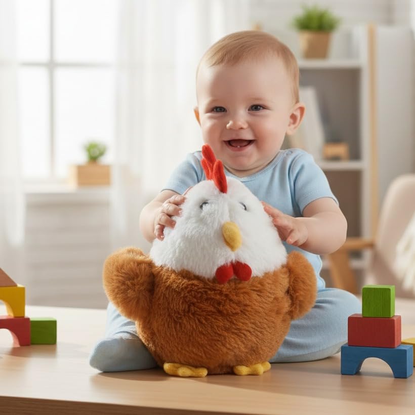 Image of Yugmox 28 cm Soft Stuffed Hen Plush Toy - Cute Farm Chicken Plushie for Kids - Huggable Cuddly Doll for Birthday Gifts & Nursery Decoration