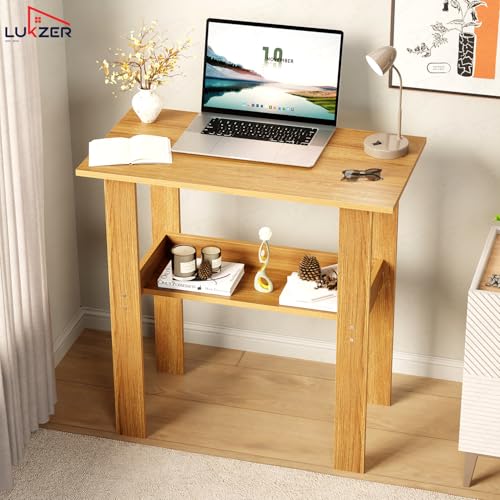 Image of Lukzer Engineered Wood Study Table | Modern Computer Table for Home & Kids Study Room | ST-004S /Oak Light | Compact Design Office Desk with Storage Shelf Work from Home Laptop Table Gaming Workstation
