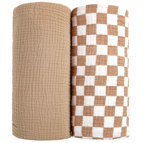 Image of lulumoon Muslin Swaddle Blankets for Baby: Soft Cotton Newborn Receiving Blankets - Plaid Print Nursery Gift Set for Baby Girls(Mocha Plaid)