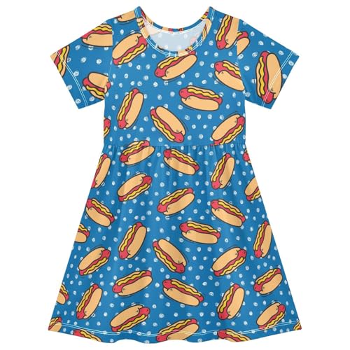 Toddler Girls Cartoon Hot Dog Dress Short Sleeve A-Line Casual Clothes for Home Party Beach Sundress 2-8T