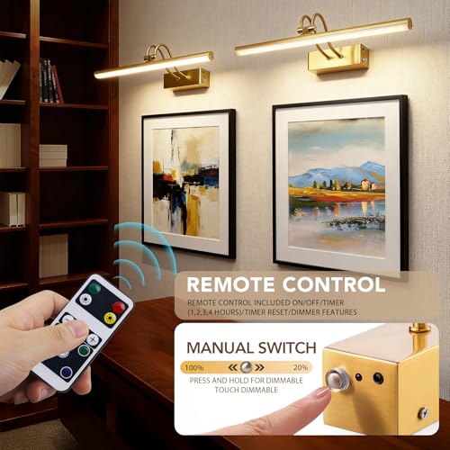 Image of Picture Light,5000mAh Battery Operated Wall Sconce,20inch Art Light,Brass | Metal Photo Lights for Wall,Remote Timer and Dimmer Gallery Light,Metal Painting Light for Portrait Display Frame