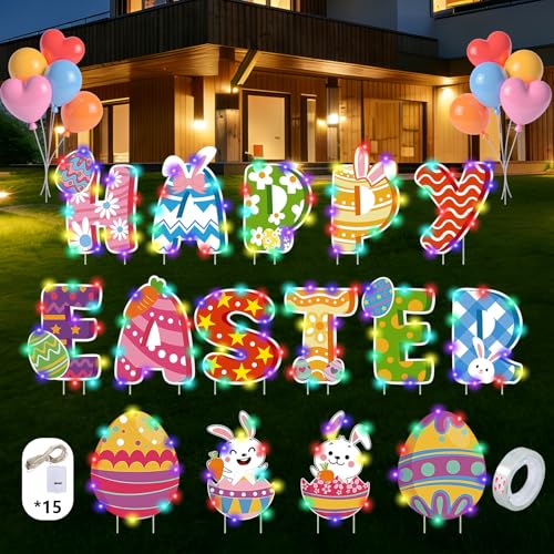 15 PCS Easter Yard Outdoor Decorations with Led Light, PP