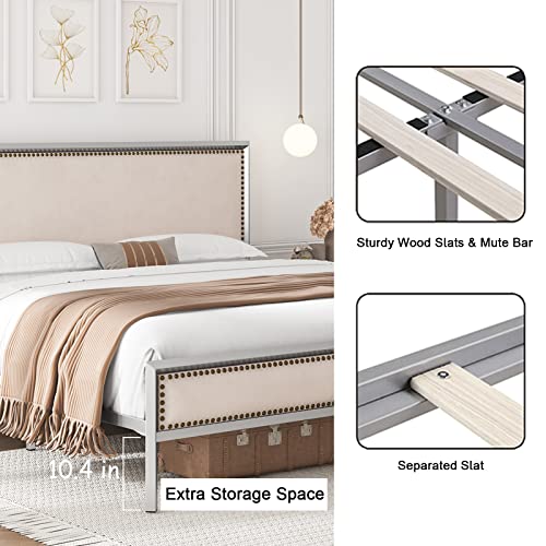 Hithos Queen Size Silver Metal Bed Frame With Velvet Upholstered Headboard, Platform Bed With 10.4" Under Bed Storage, Mattress Foundation With Nailhead, No Box Spring Needed (Silver Beige/Velvet, Q) #TOP5
