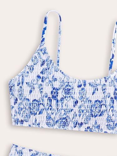 Image of Girl's Two Piece Set Shirred Porcelain Print Bikini Set High Waisted Swimsuit Bathing Suit Blue 16Y