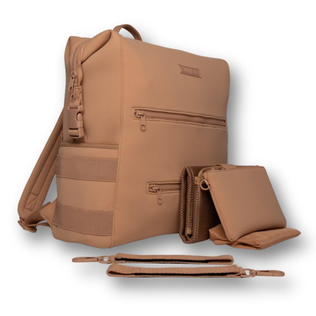 BUNSO Neoprene Diaper Bag, Minimalist Backpack Diaper Bag with Pouch, Changing Pad, and Stroller Straps, Water Resistant and Lightweight Baby Diaper Bag Backpack, Womens and Mens Diaper Bag, Khaki