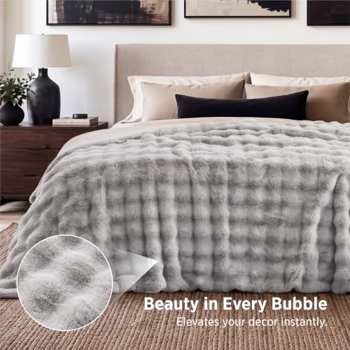 Image of Bedsure Fluffy Bubble Faux Fur Queen Blanket, 90 inchx90 inch, Light Grey