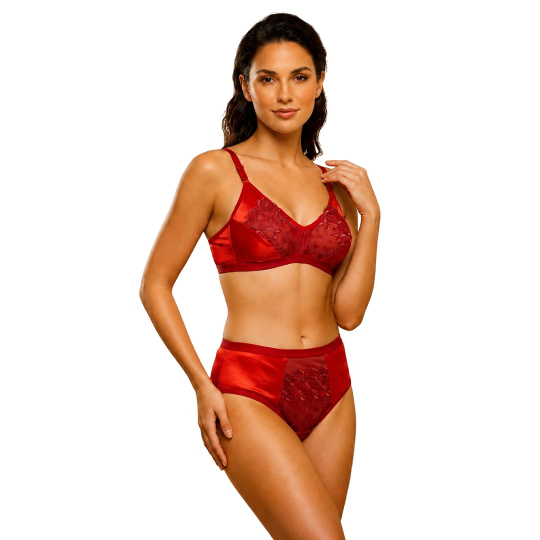 Women's Red Floral Lace Non Padded Bra and High Waist Panty Set-image-45