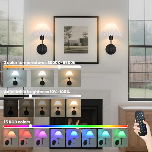 Image of Battery Operated Wall Sconces Set of 2,Black Rechargeable Wall Lights with Remote,Dimmable Wall Lamp with Pleated Shades,15 Colors Wireless Bathroom Vanity Wall Light for Bedroom Living Room Hallway