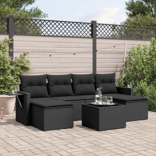 QJBSAVVA 7-TLG. Garten-Sofagarnitur Schwarz 55x62x69 cm Poly-Rattan...
