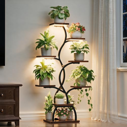 Image of Plant Stand Indoor with Grow Light - 8 Tiered Corner Plant Shelf Indoor | 49 inch Plant Holder with Lights for Indoor Growing, Tall Lighted Flower Stand for Living Room, Balcony, Brown