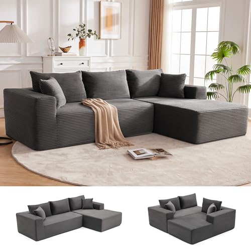 110” Cloud Sectional Couch, Boneless Sofa for Living Room, Modular Sectional Sofa with Deep Seat, Fluffy Couch with L-Shaped Chaise, No Assembly Required (Right-Facing Chaise, Dark Grey)