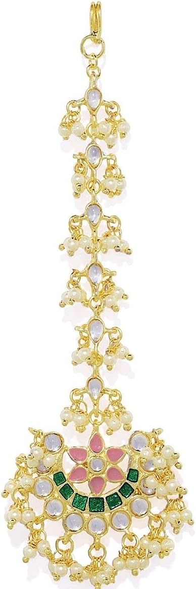 Gold Plated Traditional Multicolour Meenakari and Kundan Embellished Chandbali Style Maang Tika Embedded with Tiny Pearls for Women and Girls