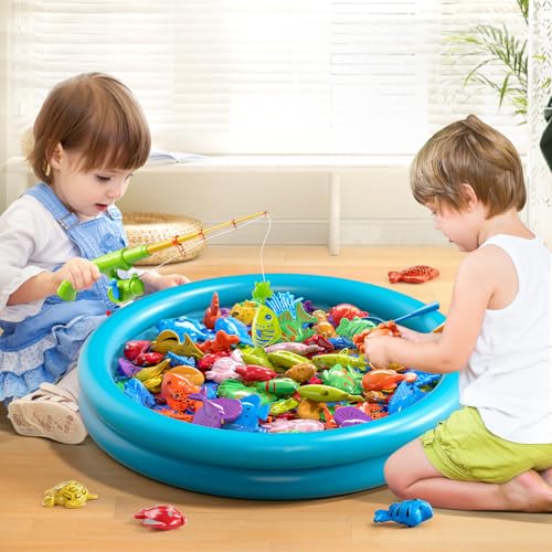 NIPLOOOW Kids Pool Fishing Toys Games, Water Table Bathtub Toy with Inflatable Pool Pole Rod Net Plastic Floating Fish, Birthday Gifts for Kids Age 3 4 5 6 Year Old,Kids Outdoor Toys - Thumbnail 5