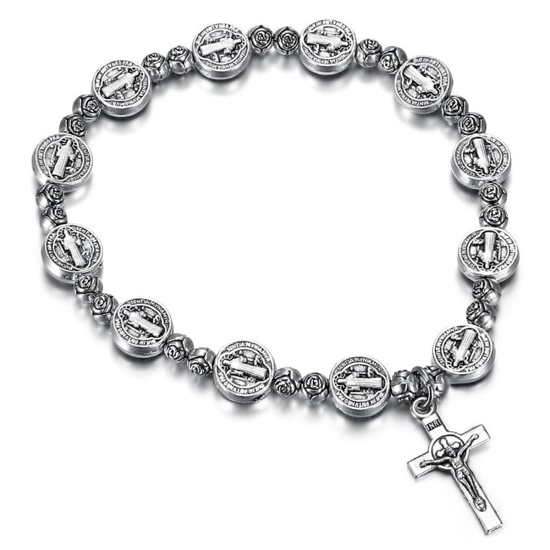 BOBIJOO JEWELRYSaint Benedict Pulsera Hombre Mujer Cruz Elástica Medalla Medalla de Plata