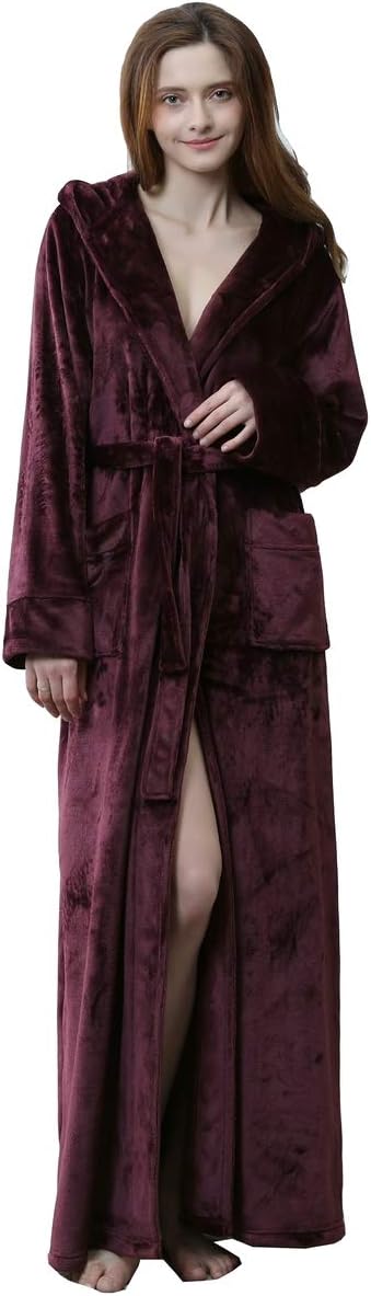 Kinloy Ladies Fleece Soft & Cosy Hooded Dressing Gown Super Soft Full Length Flannel Bathrobe Warm Lightweight Bath Robe Housecoat Sleepwear…